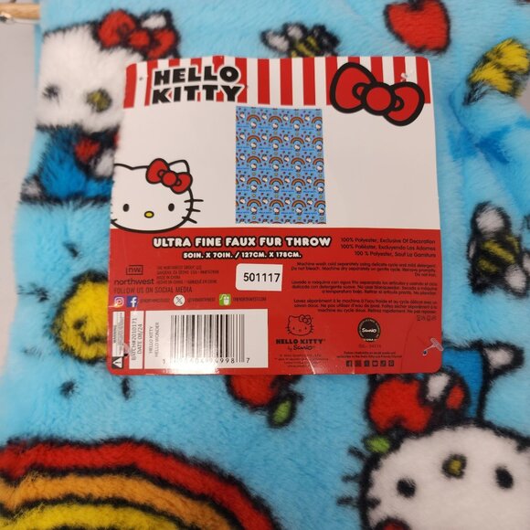 Hello Kitty Ultra Fine Faux Fur Throw 50" x 70" Rainbow Blue Red Yellow - Picture 3 of 9
